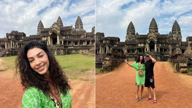 В храм в Камбоджа коленичиха за да отдадат почит на